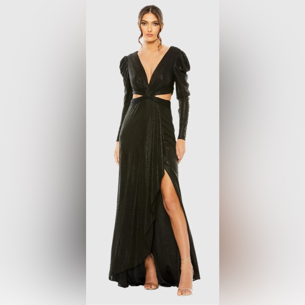 Mac Duggal Black Princess Sleeve Cut Out Metallic Gown